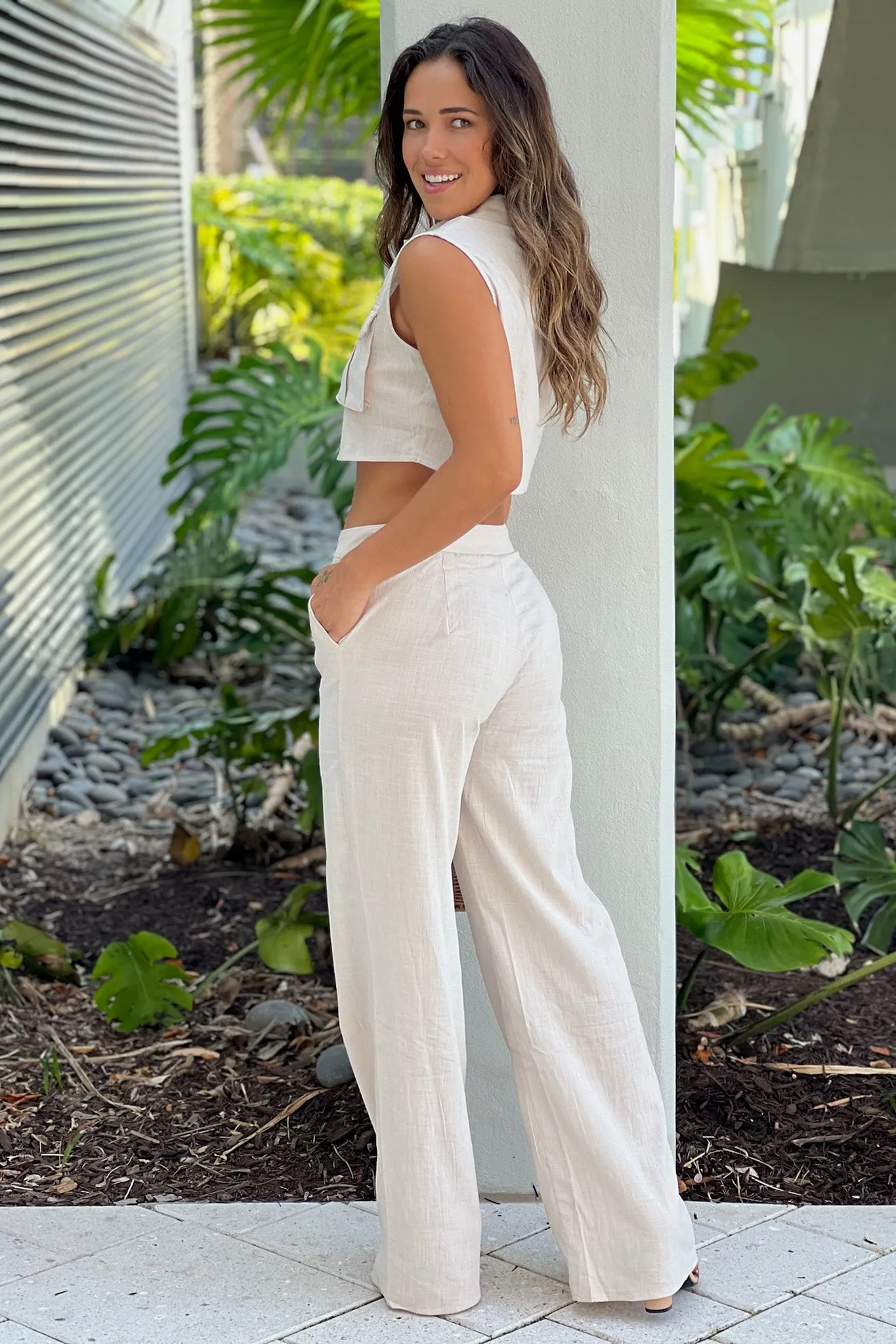 Oatmeal Button Down Top And Pants Set