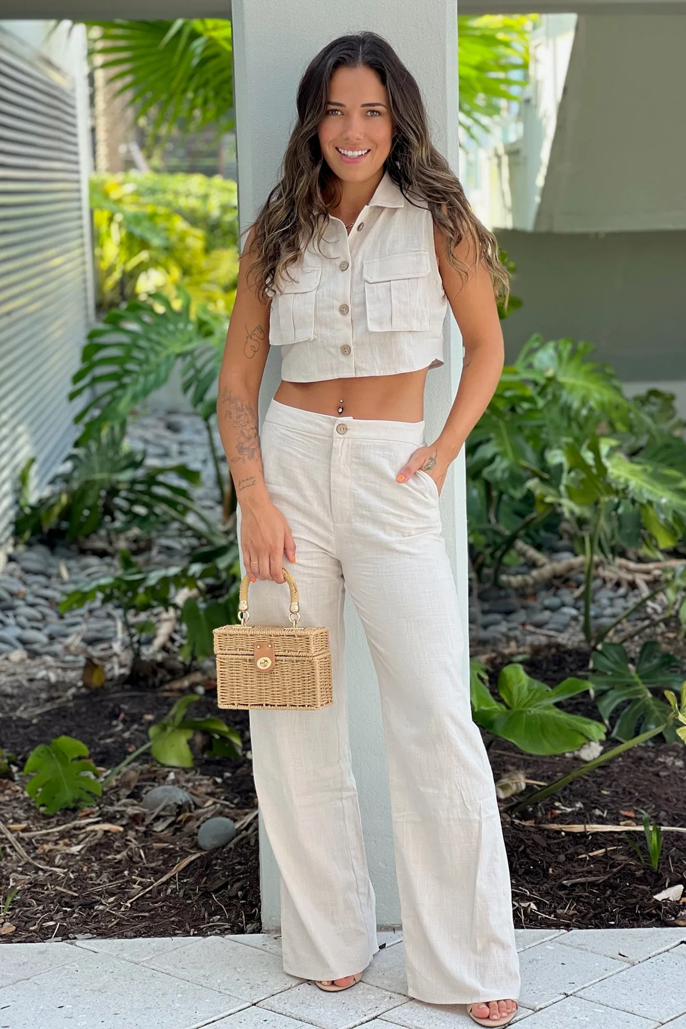 Oatmeal Button Down Top And Pants Set