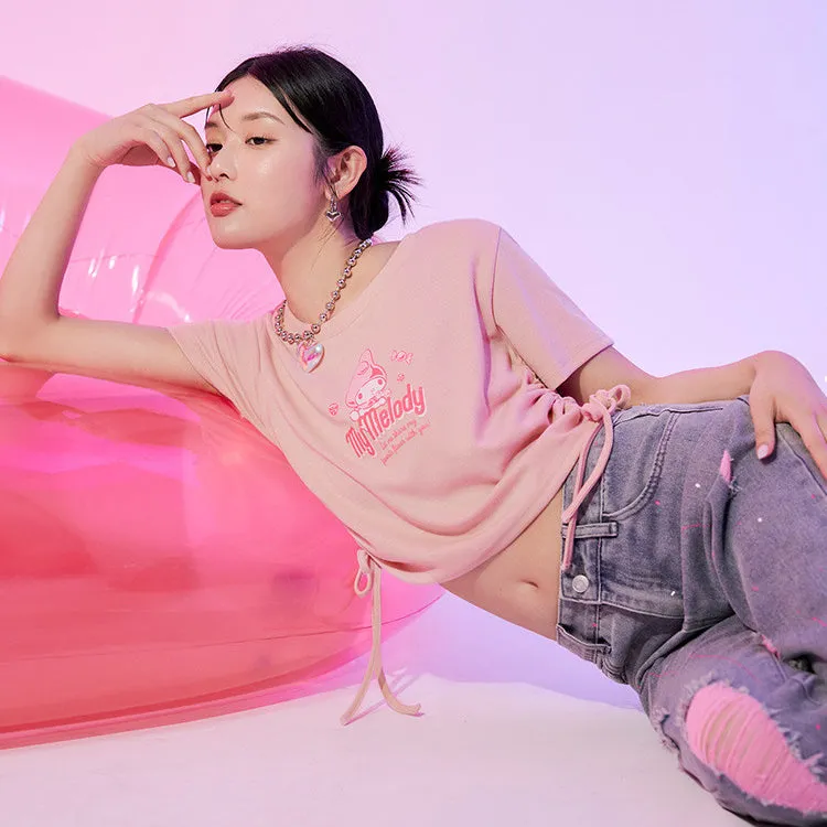 Ob Design Kuromi Melody Women Casual Cropped Tie Short T-Shirt Top