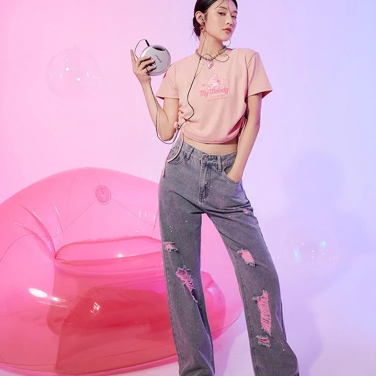 Ob Design Kuromi Melody Women Casual Cropped Tie Short T-Shirt Top