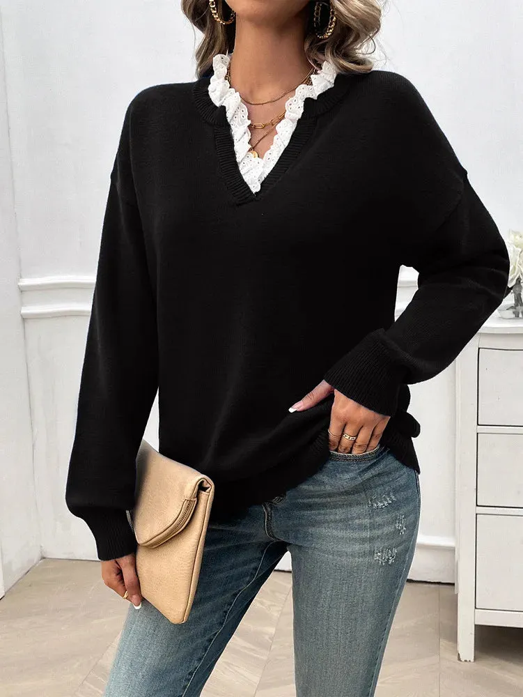 Office Essentials Women's Notch Drop Shoulder Knit Sweater
