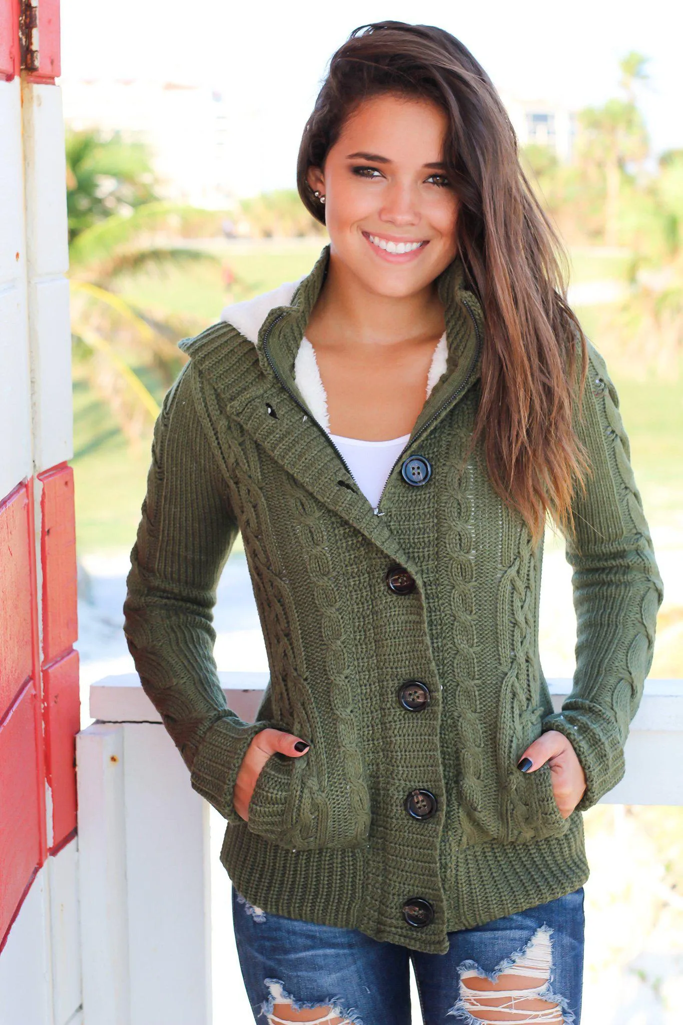 Olive Sweater With Fur Hood