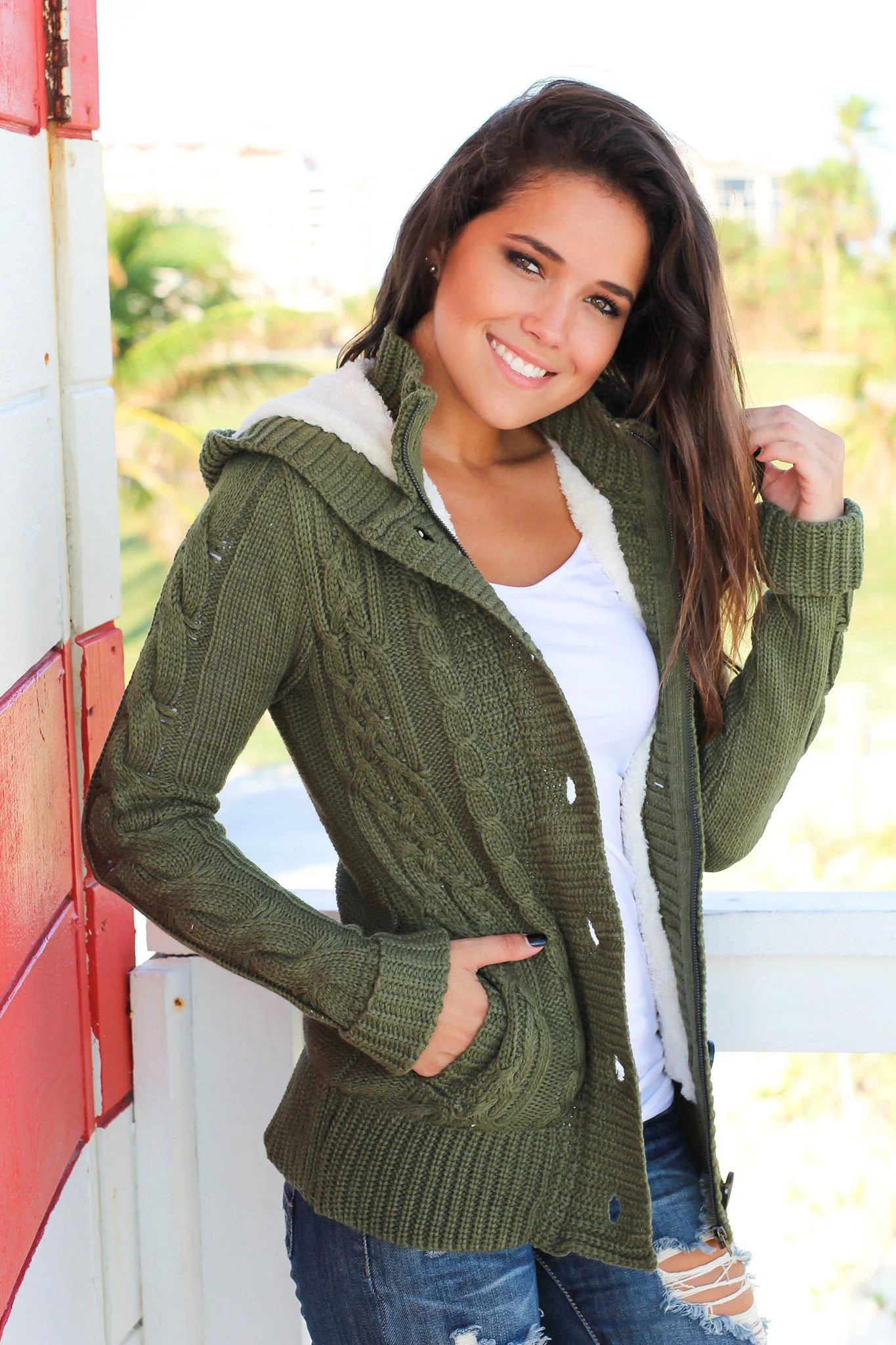 Olive Sweater With Fur Hood