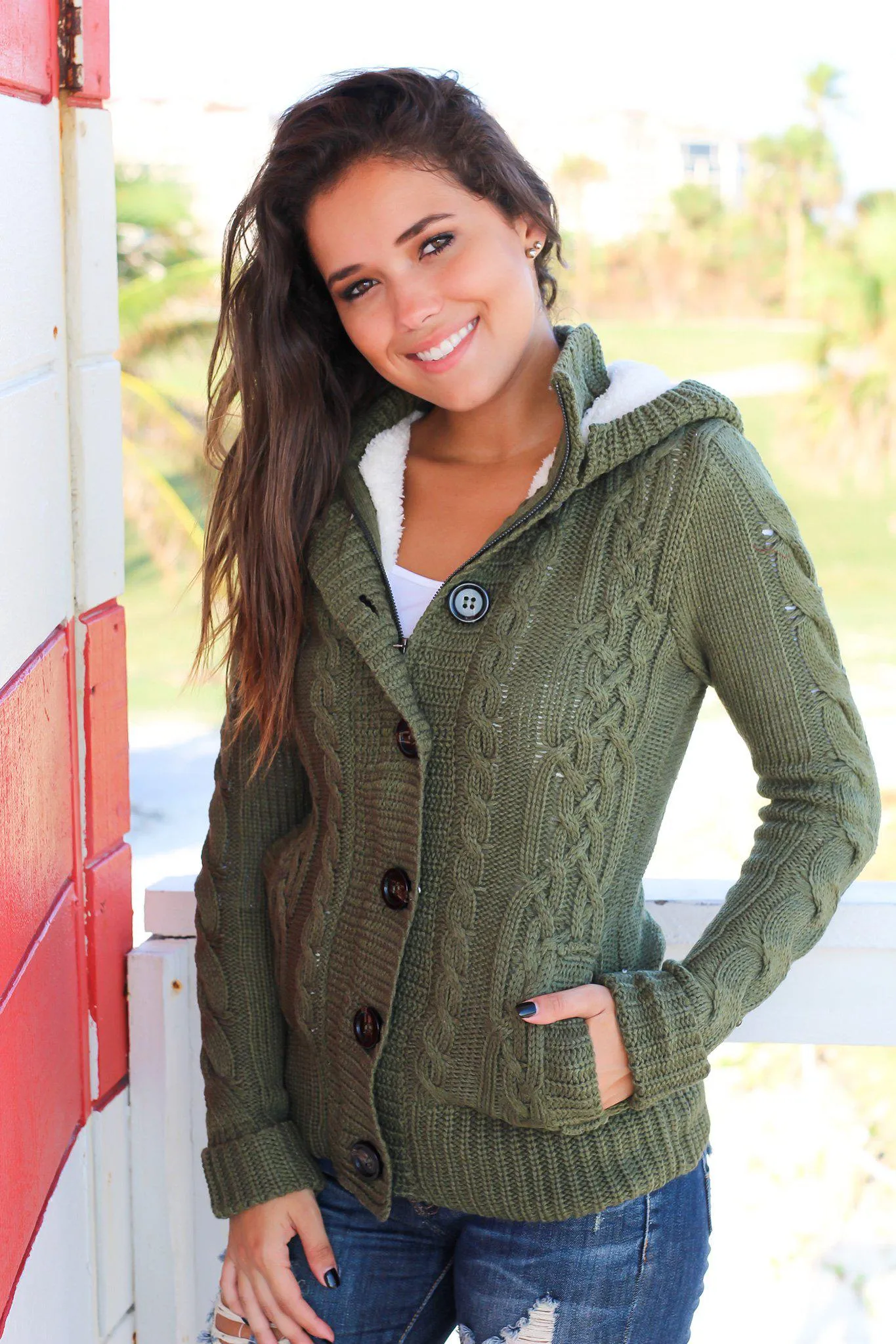 Olive Sweater With Fur Hood