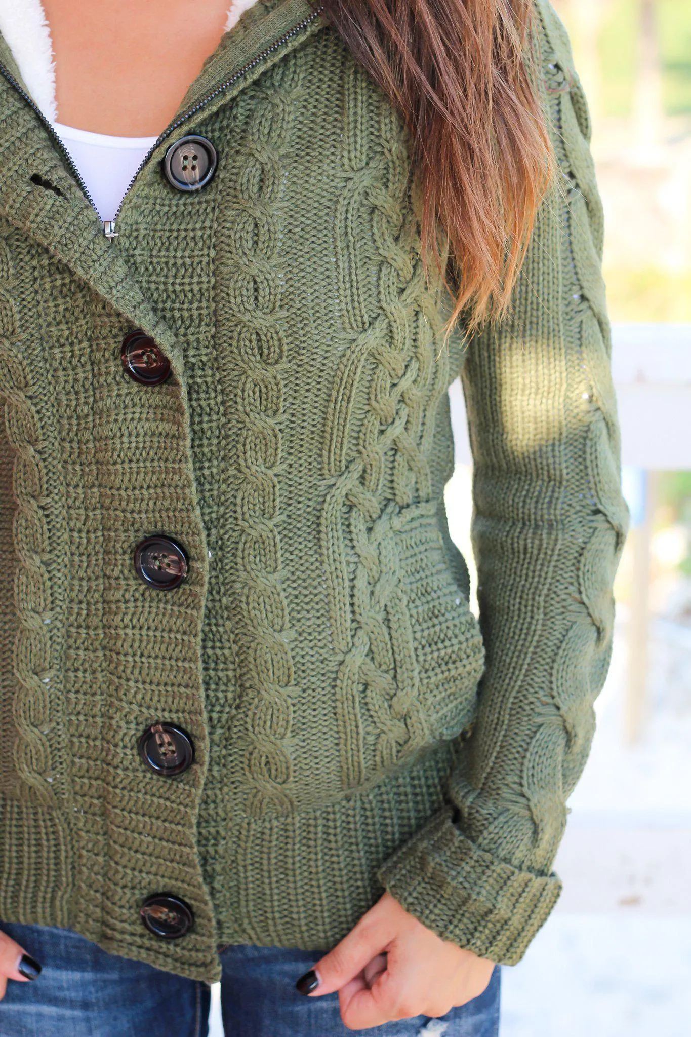 Olive Sweater With Fur Hood