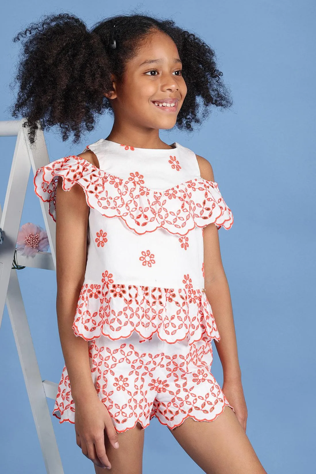One Friday Girls White Cotton Cold Shoulder Top