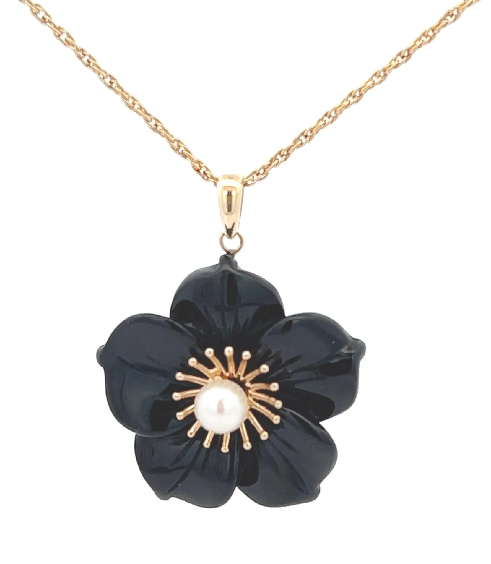 Onyx & Pearl 14ct Yellow Gold Flower Pendant