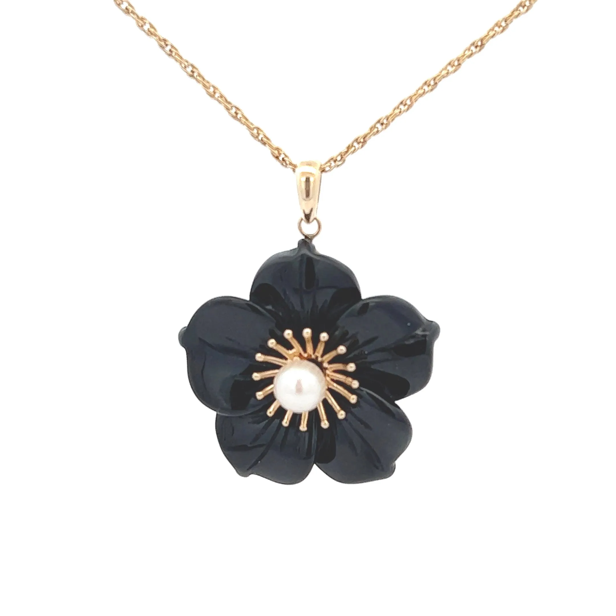 Onyx & Pearl 14ct Yellow Gold Flower Pendant