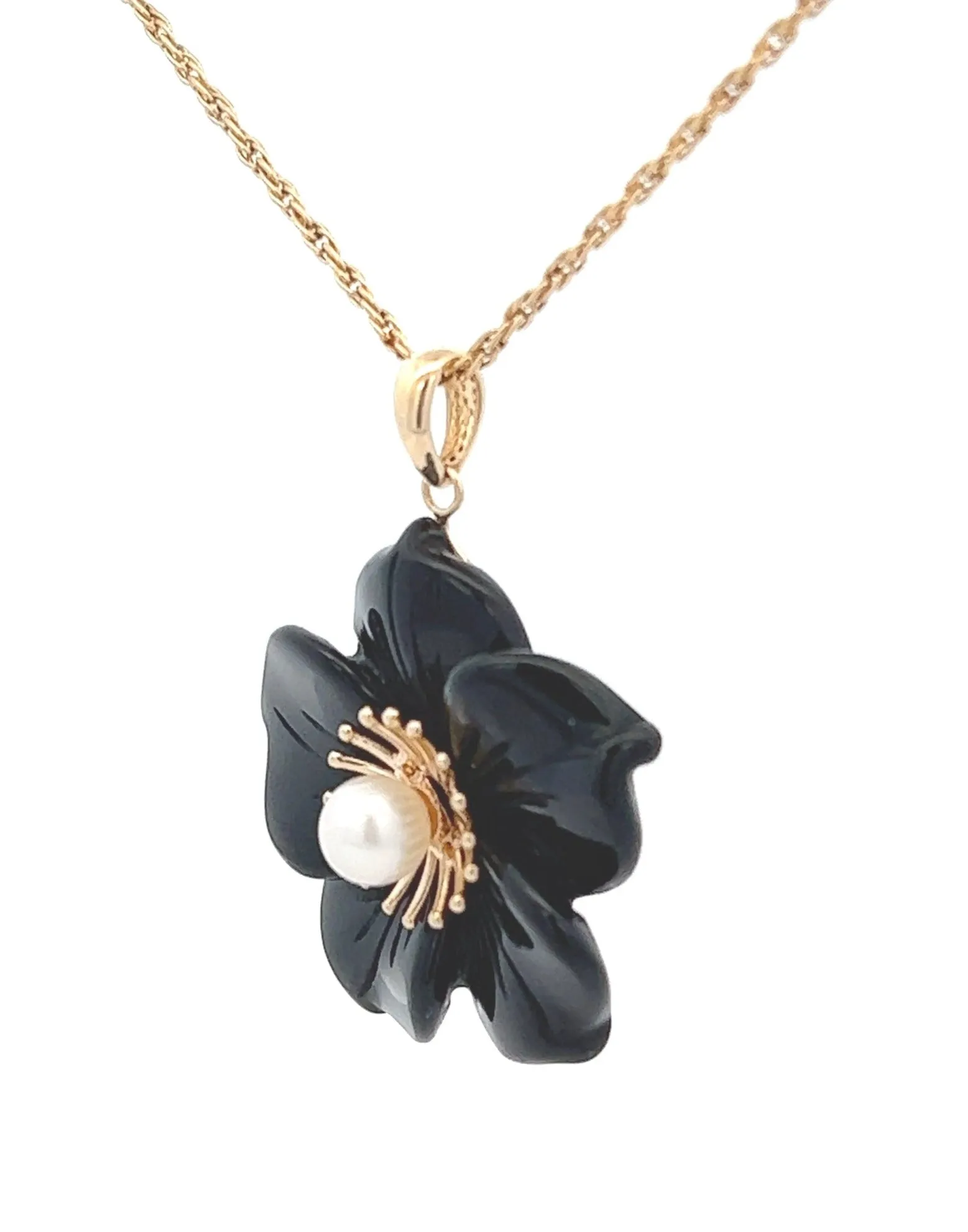 Onyx & Pearl 14ct Yellow Gold Flower Pendant