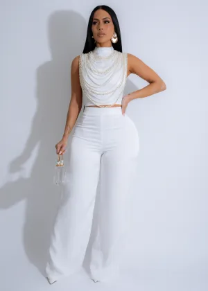Opulent Cascade Satin Pearls Pant Set White