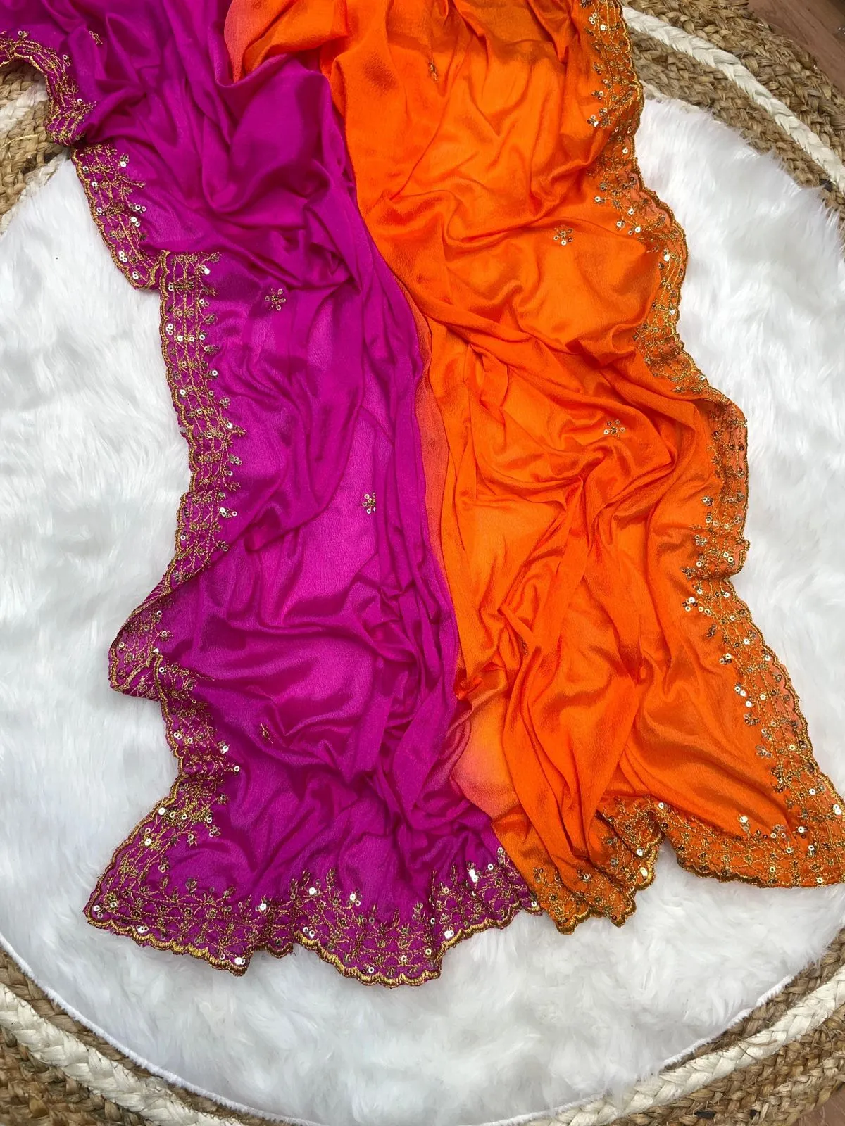 Orange and Pink Soft Hand-Dyed Chinnon Saree with Heavy Embroidery, Sequence, and Jari Work