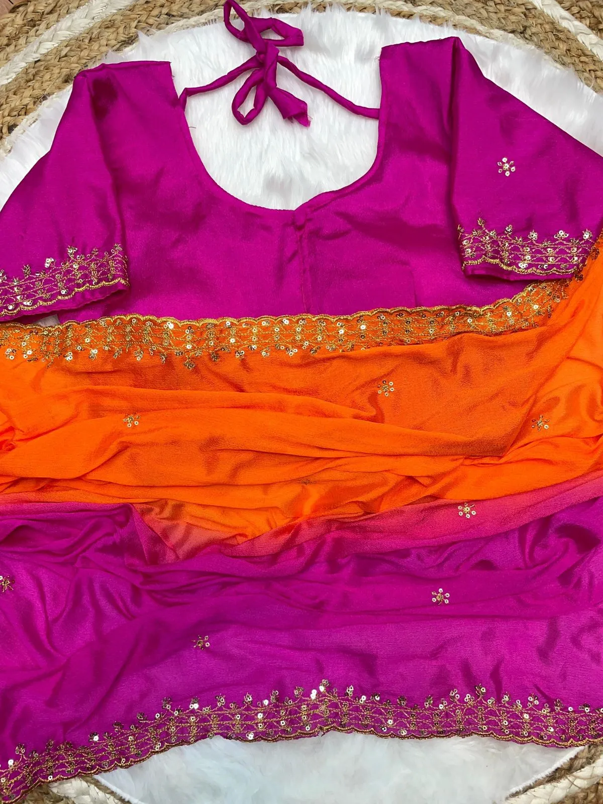Orange and Pink Soft Hand-Dyed Chinnon Saree with Heavy Embroidery, Sequence, and Jari Work