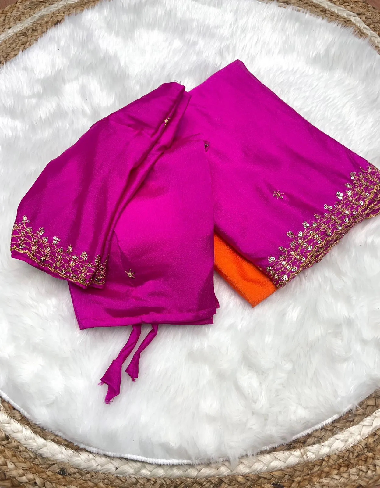 Orange and Pink Soft Hand-Dyed Chinnon Saree with Heavy Embroidery, Sequence, and Jari Work