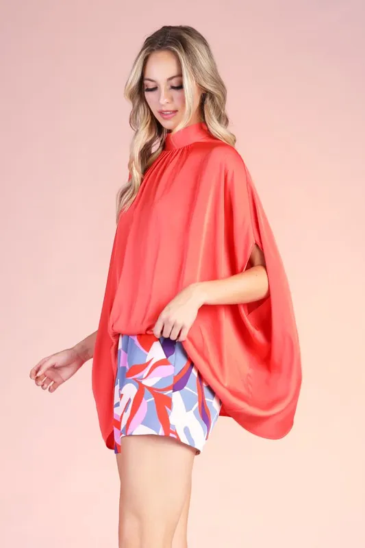 Orange Washed Poly Silk Mock Neck Caftan Top