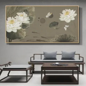 Oriental White Lotus Wall Art With Frame