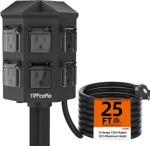 Outdoor Power Strip with Stake, 25 FT Extension Cord Waterproof, 6 Grounded Outlets for Halloween Decorations Outdoor, 14 AWG, 15A/1875W, ETL Listed