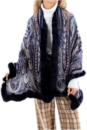 Paisley Print 100% Wool Wrap with Rex Fur Trim - Navy