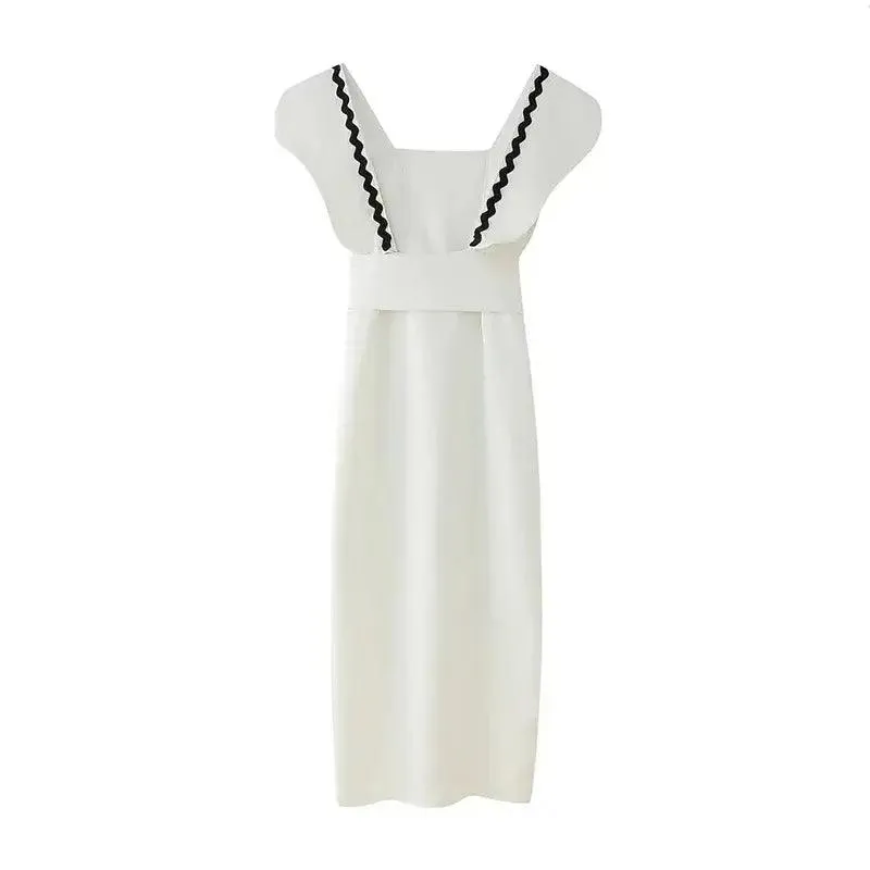 Panelled Patchwork Big Bow Belt Women Party Dress Elegant Pleated Square Collar Female Dresses 2024 Summer Fashion Lady