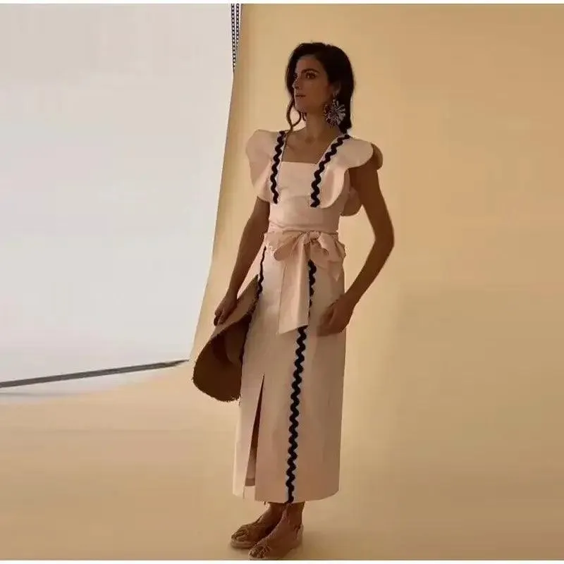 Panelled Patchwork Big Bow Belt Women Party Dress Elegant Pleated Square Collar Female Dresses 2024 Summer Fashion Lady