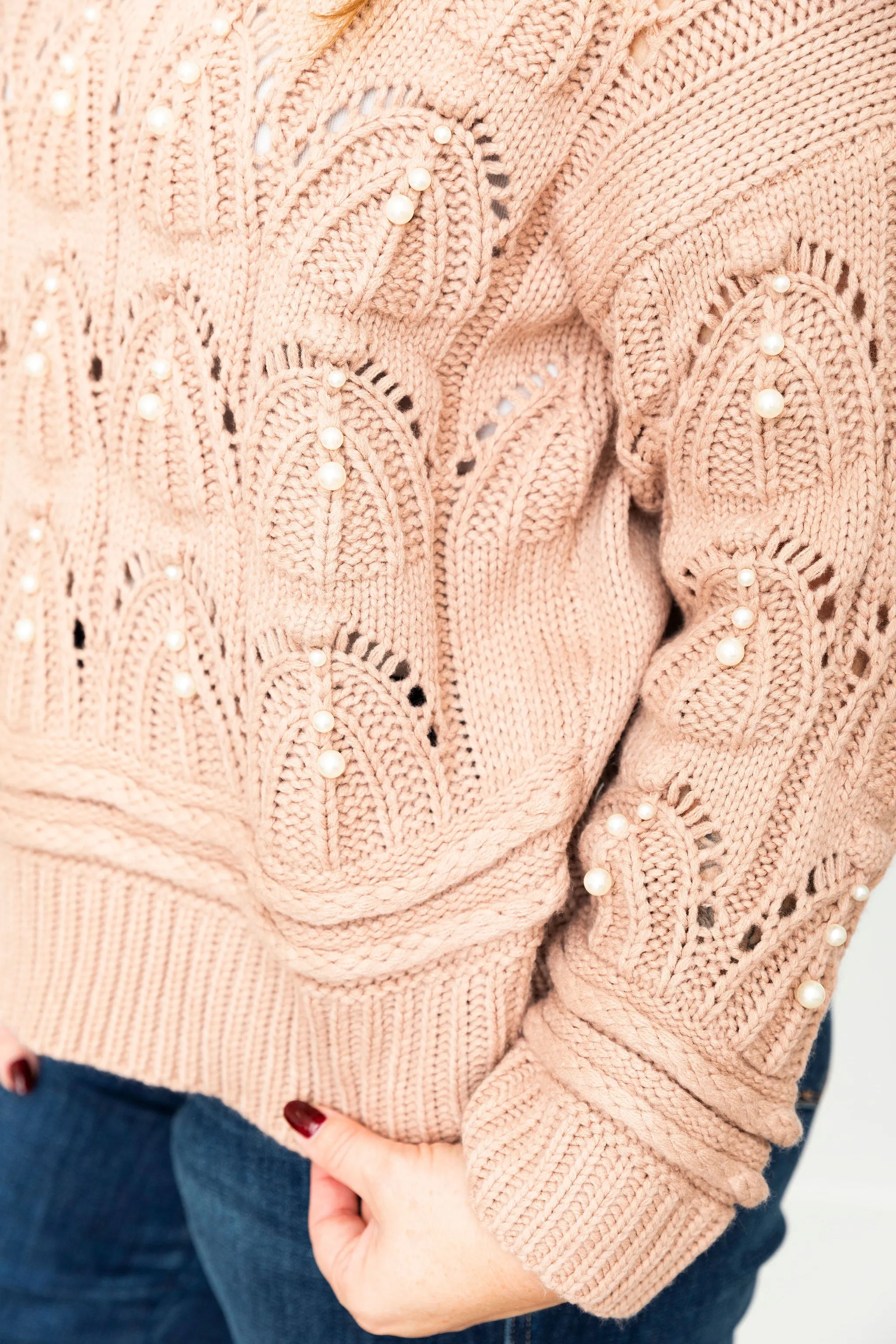 Patterned Pearl Trim Sweater - Light Mocha