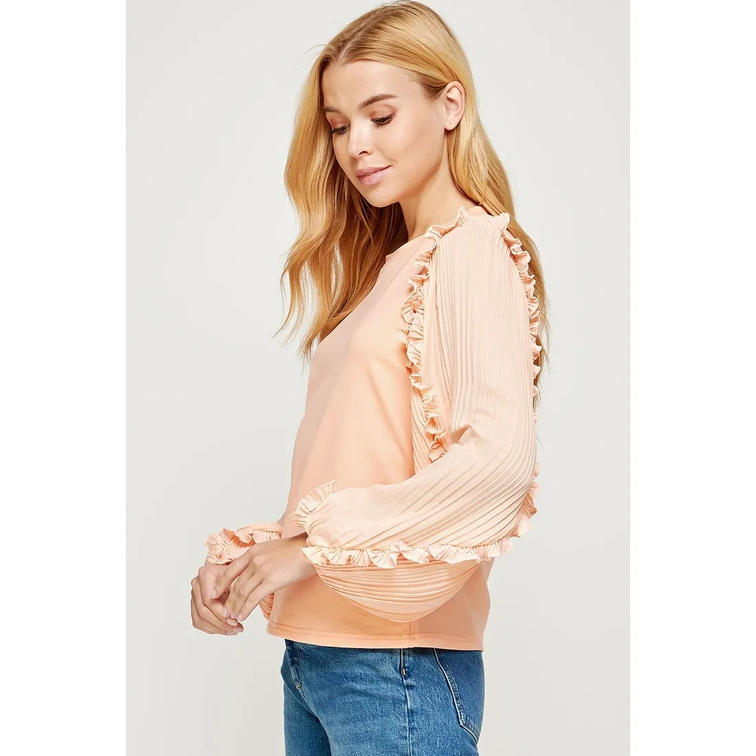 Peach Pleated Sleeve Knit Tee