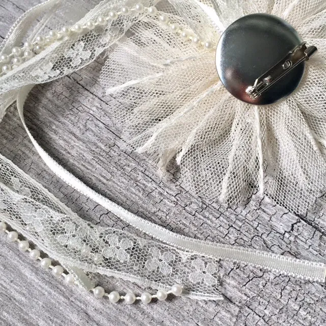 PEARL AND RIBBON CREAM FABRIC FLOWER LACE CORSAGE CLIP
