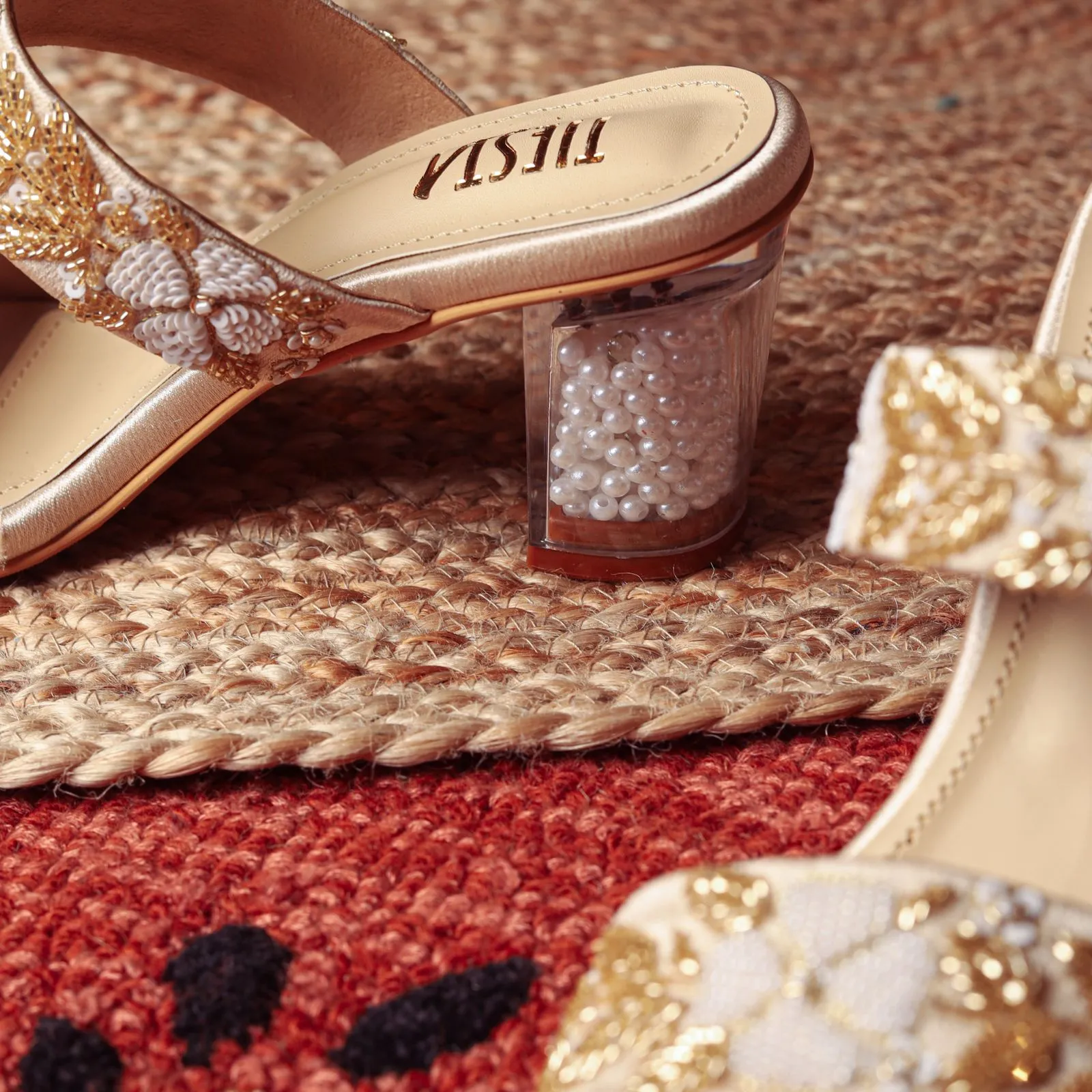 Peer (Gold WHITE WORK strappy crystal transparent block heels)