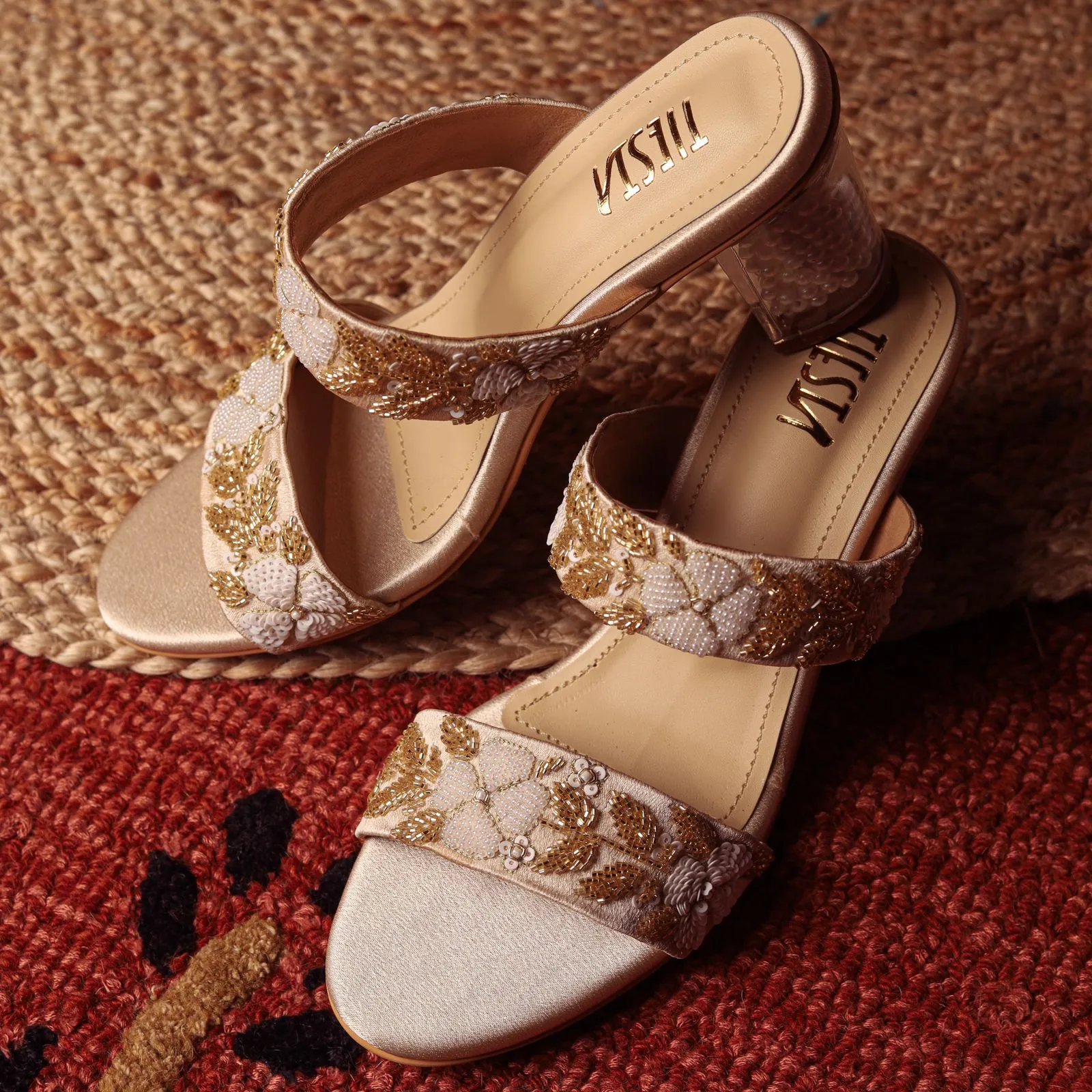 Peer (Gold WHITE WORK strappy crystal transparent block heels)