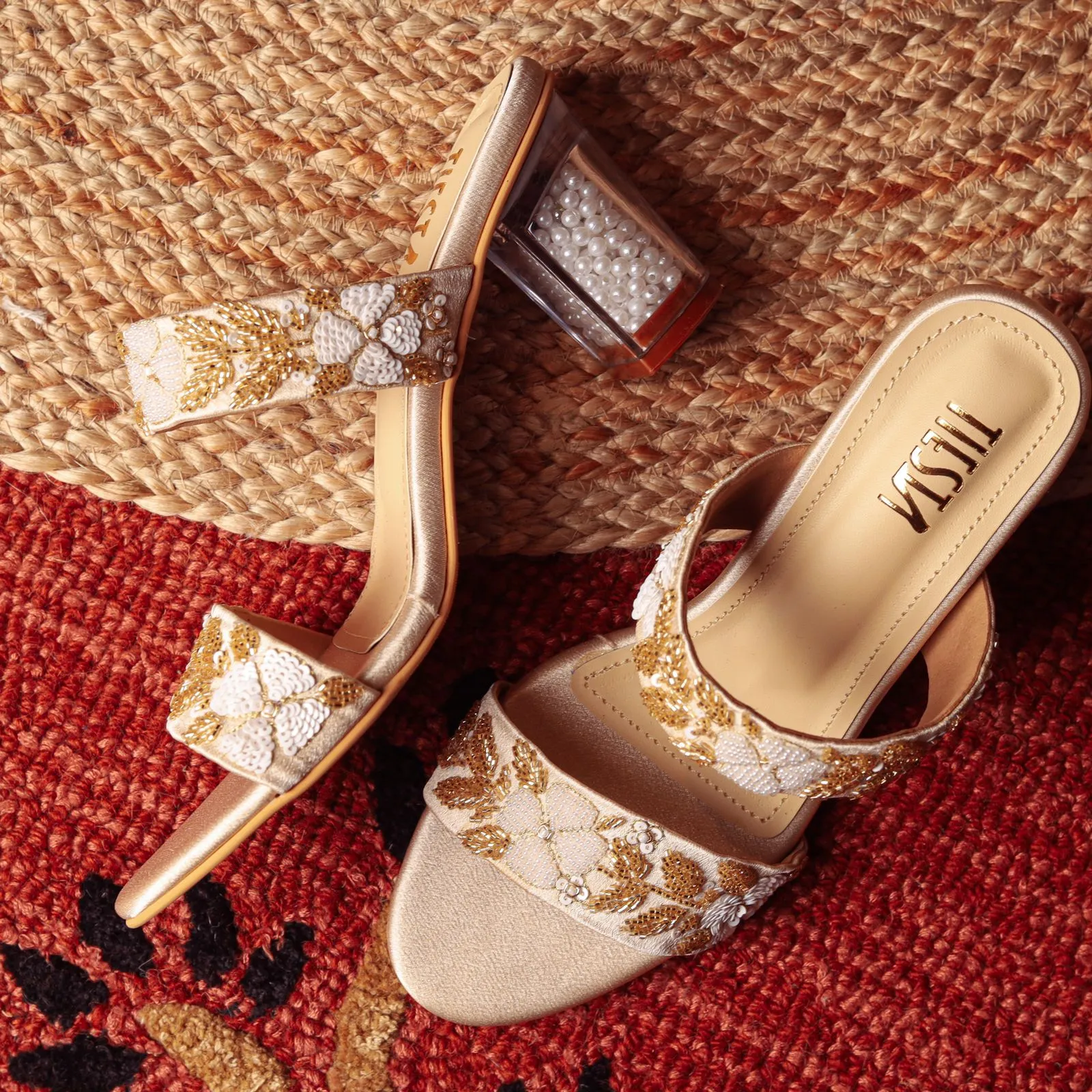 Peer (Gold WHITE WORK strappy crystal transparent block heels)