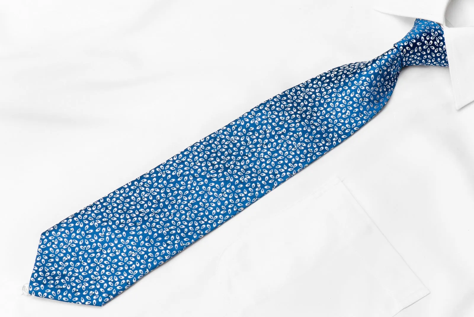 Perry Ellis Men's Crystal Silk Tie Silver Geometric On Blue Sparkling With Rhinestones