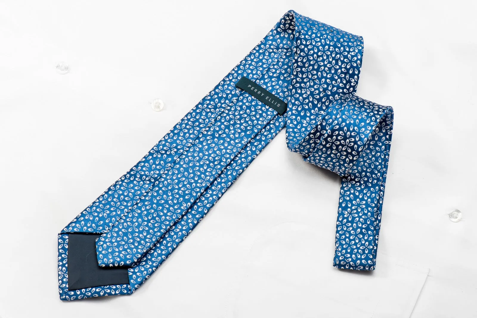 Perry Ellis Men's Crystal Silk Tie Silver Geometric On Blue Sparkling With Rhinestones