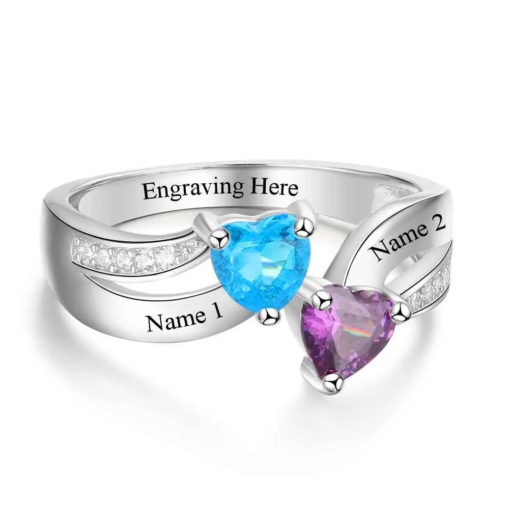 Personalized 925 Sterling Silver Ring - Custom Heart Shape Birthstone - Engraved Custom Names