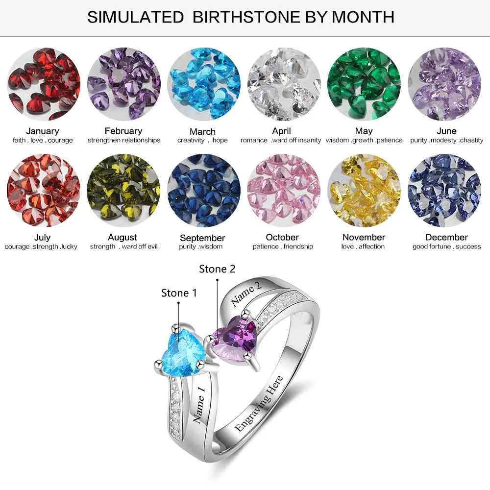 Personalized 925 Sterling Silver Ring - Custom Heart Shape Birthstone - Engraved Custom Names
