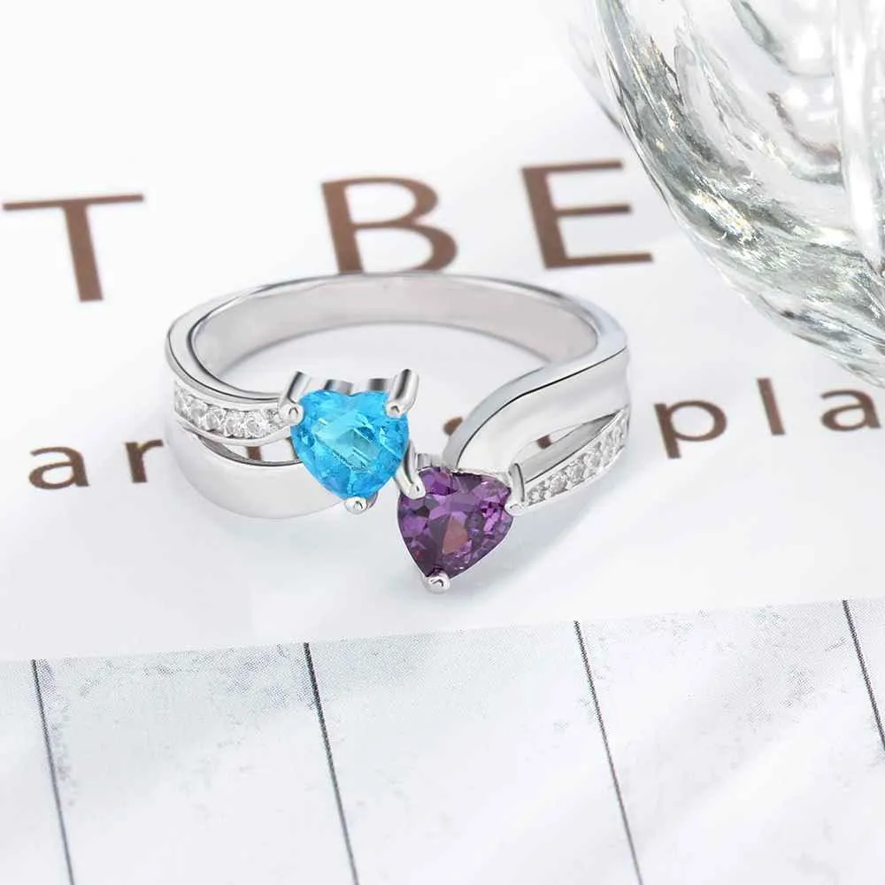 Personalized 925 Sterling Silver Ring - Custom Heart Shape Birthstone - Engraved Custom Names