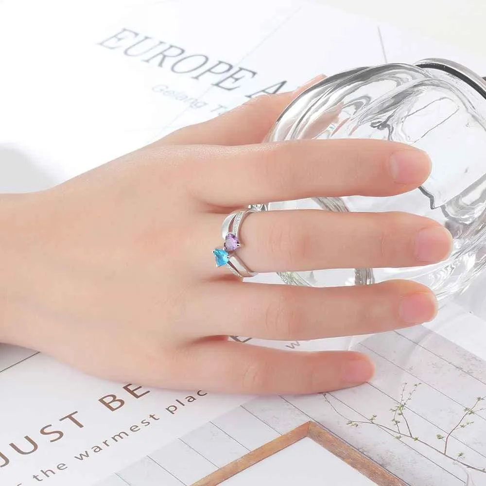 Personalized 925 Sterling Silver Ring - Custom Heart Shape Birthstone - Engraved Custom Names