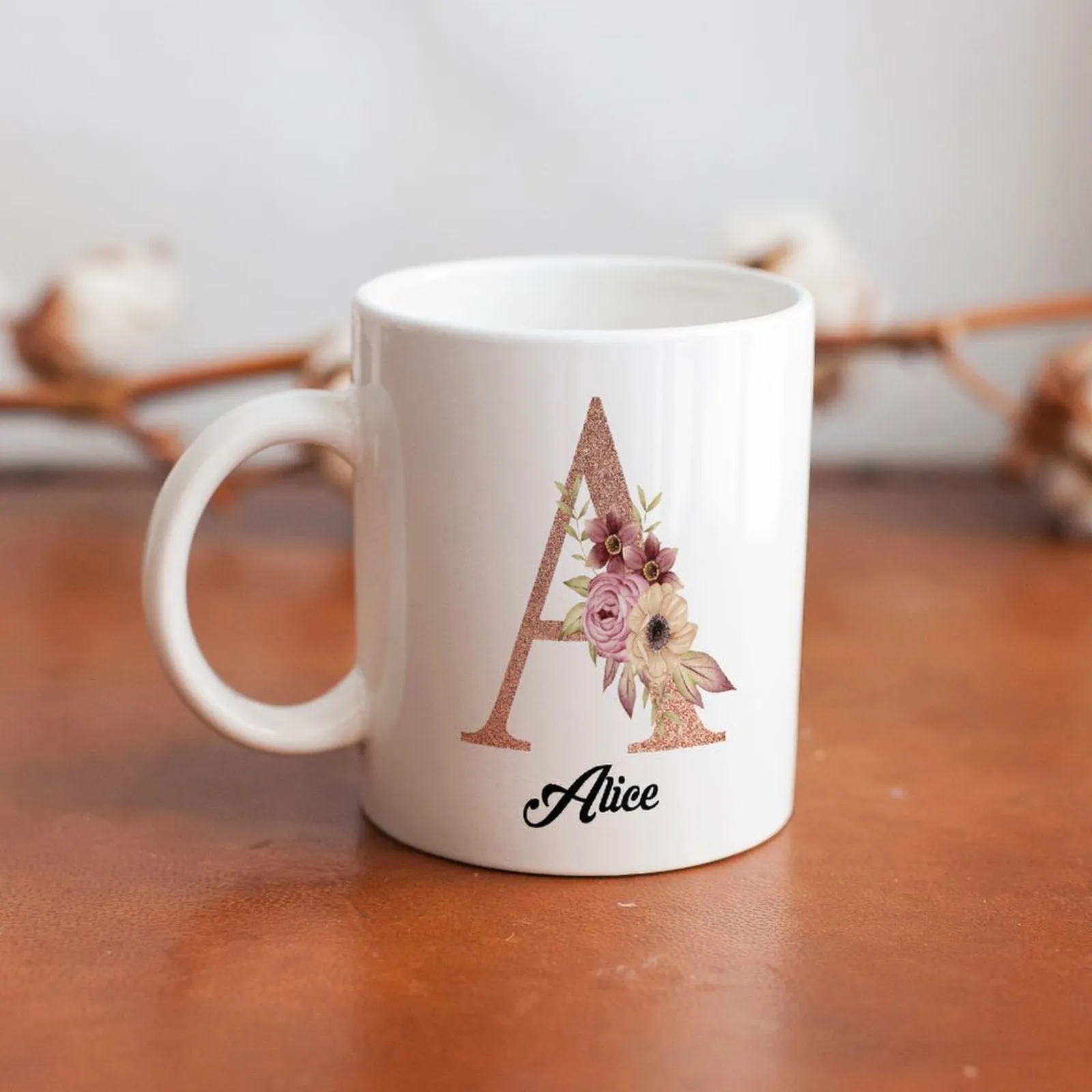 Personalized Name Mug with Capital Letter Flower 11oz Coffee Mug