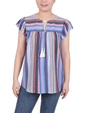 Petite Flutter Sleeve Vertical Striped Blouse