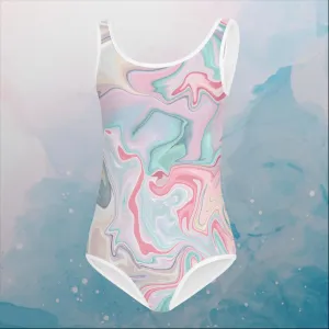 Pink and Mint Green Marbled Print Kids Swimsuit