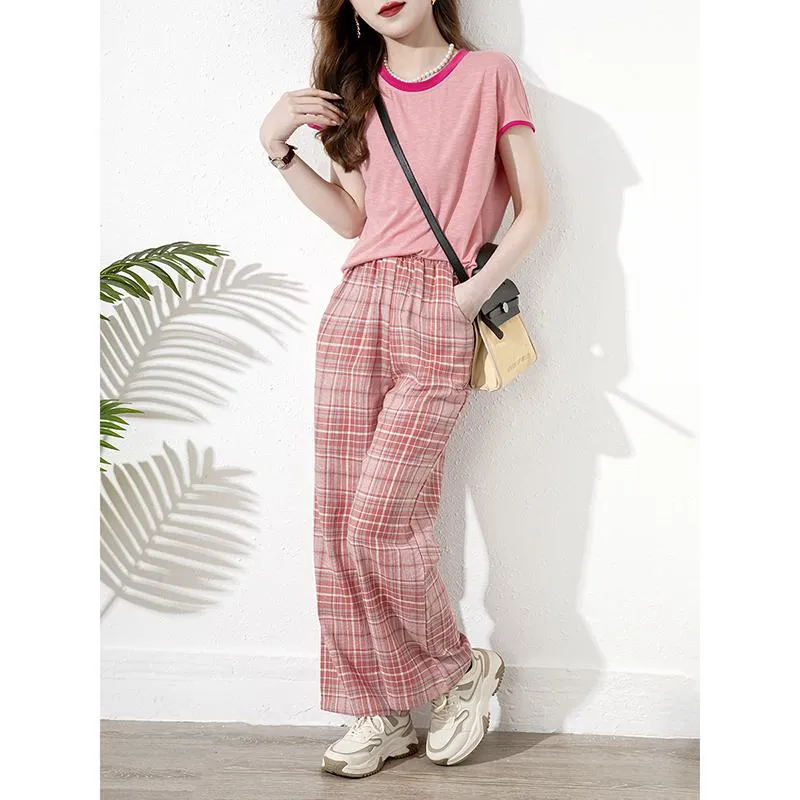 Pink Chic Plaid Color Blocking Straight Leg Pants