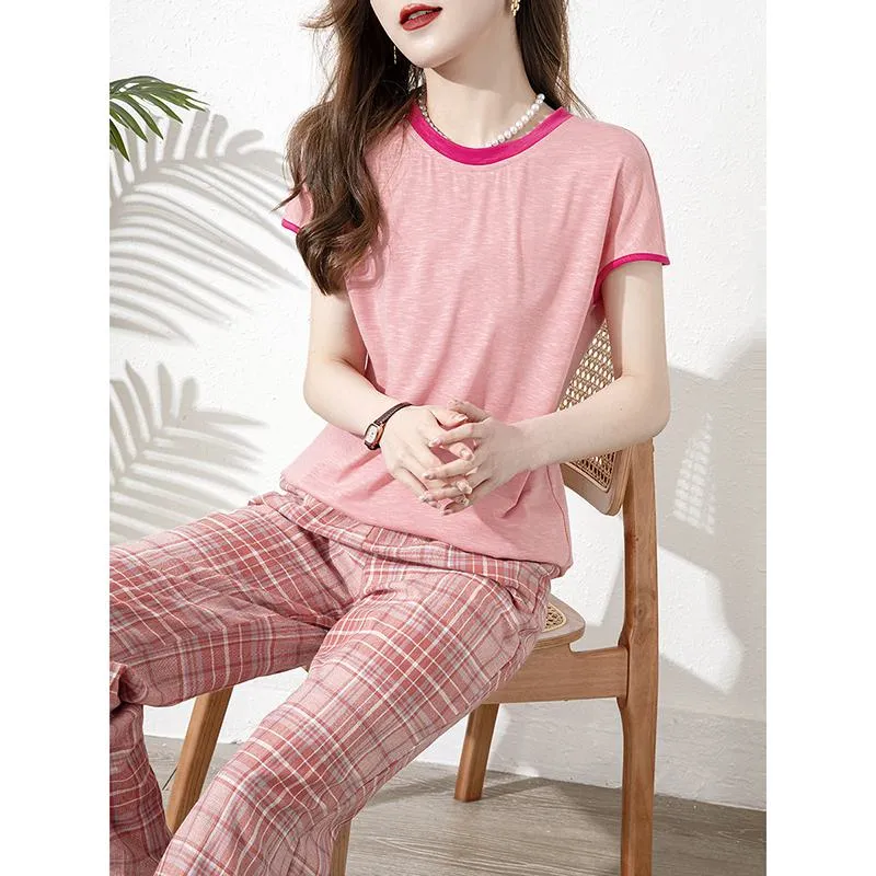 Pink Chic Plaid Color Blocking Straight Leg Pants