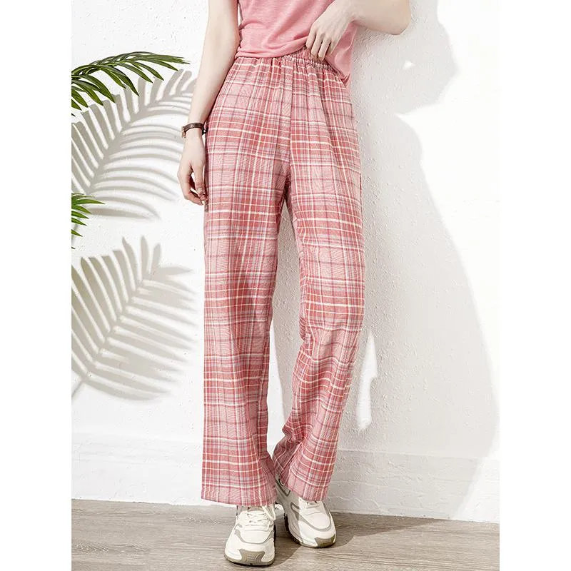 Pink Chic Plaid Color Blocking Straight Leg Pants