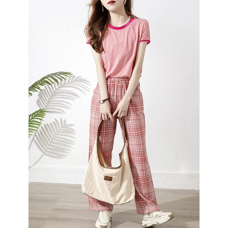 Pink Chic Plaid Color Blocking Straight Leg Pants