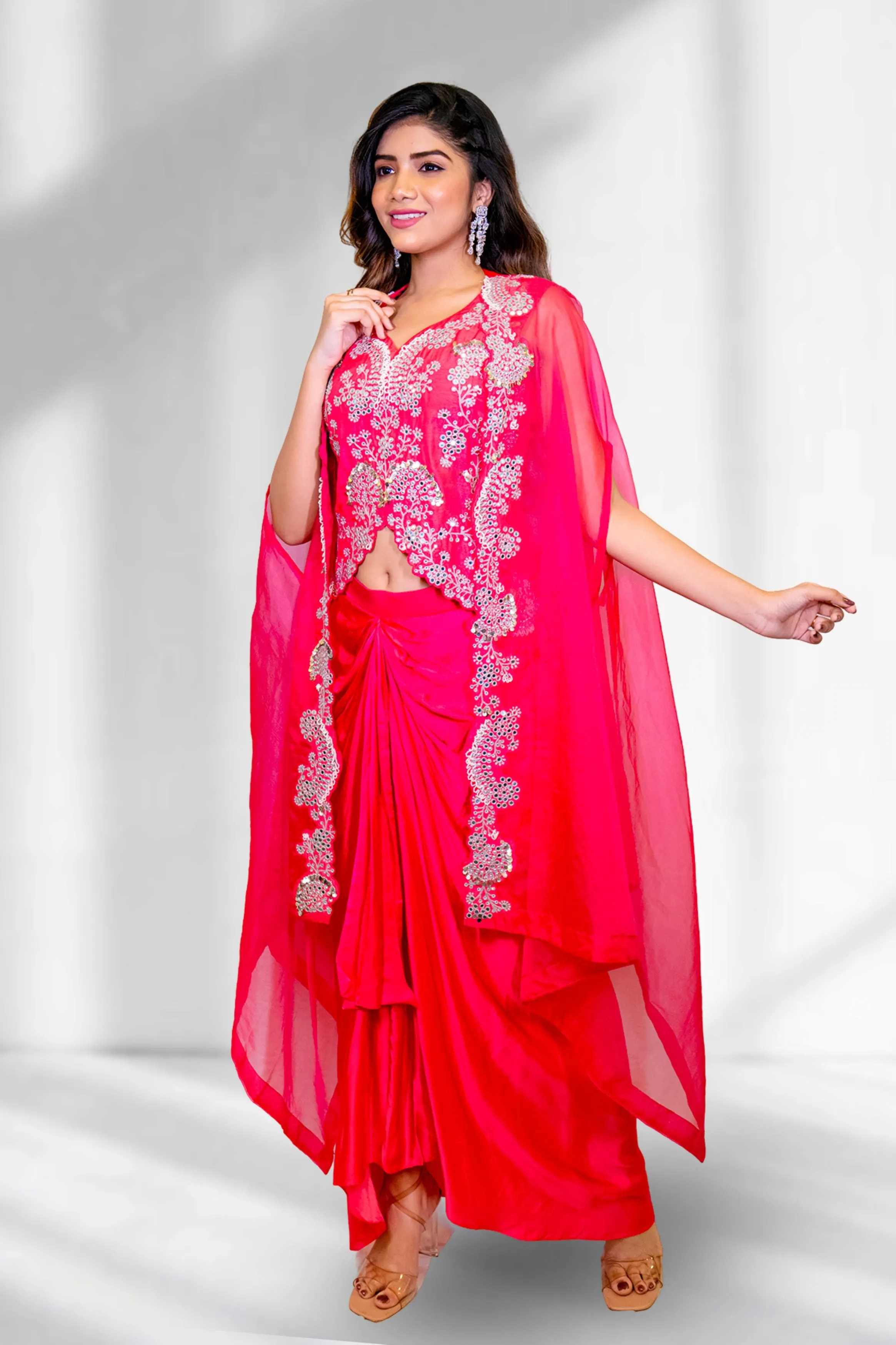 Pink Embellished Premium Organza Silk Cape Set