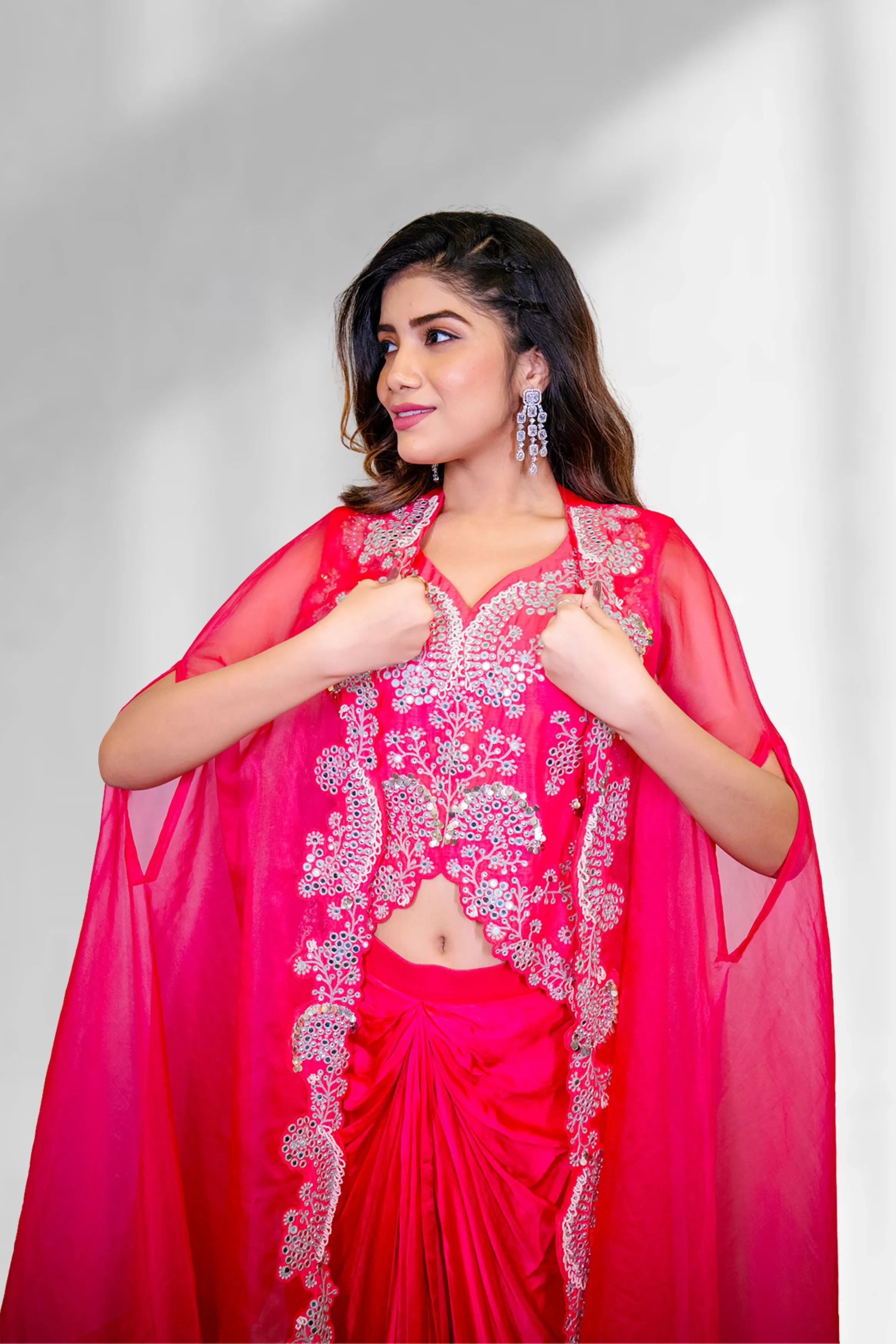 Pink Embellished Premium Organza Silk Cape Set