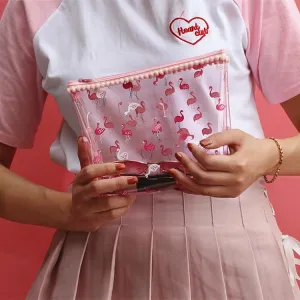 Pink Flamingo Transparent Cosmetic Stationary Purse Bag