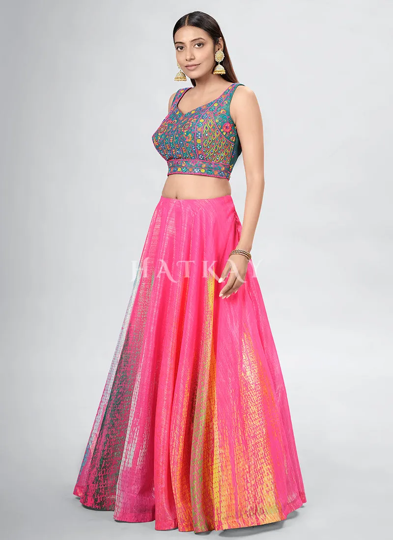 Pink Foil Mirror Embroidery Silk Lehenga Choli