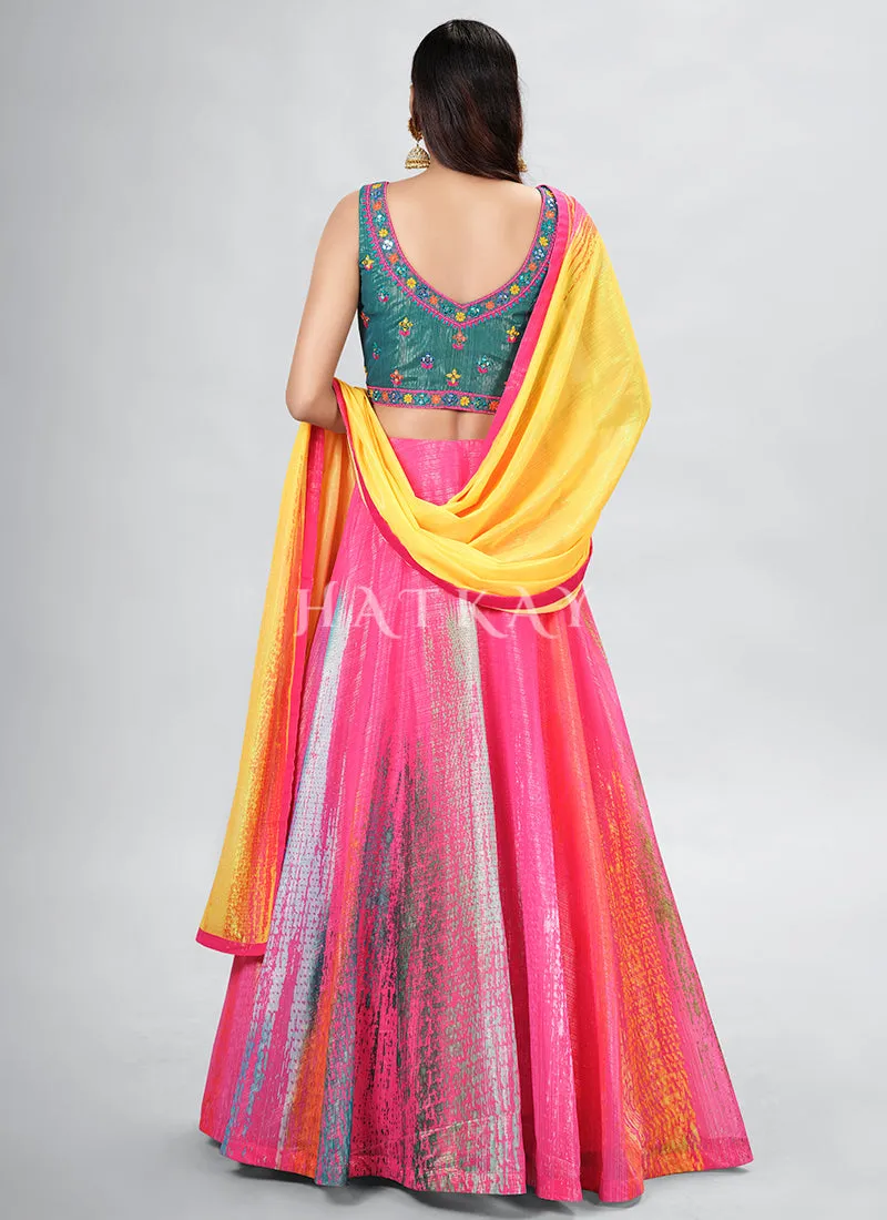 Pink Foil Mirror Embroidery Silk Lehenga Choli