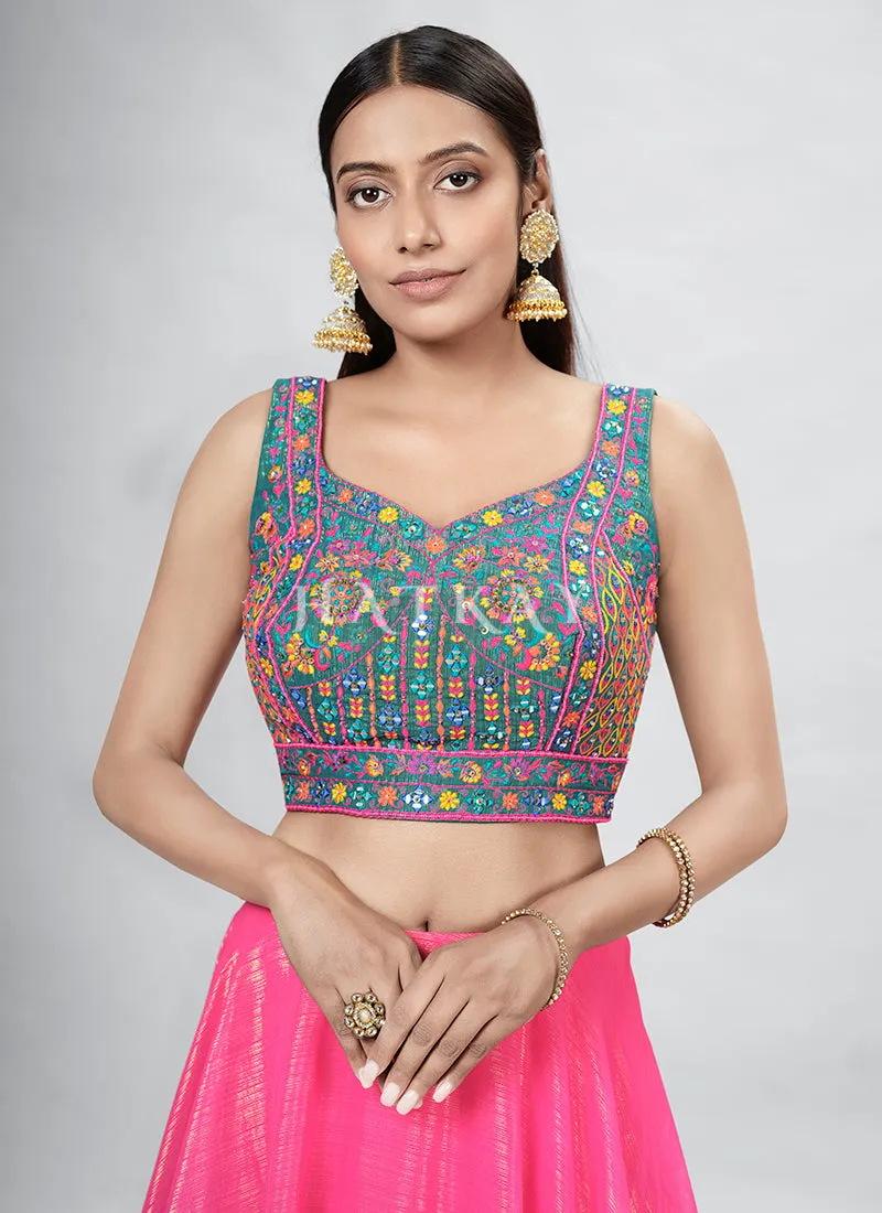 Pink Foil Mirror Embroidery Silk Lehenga Choli