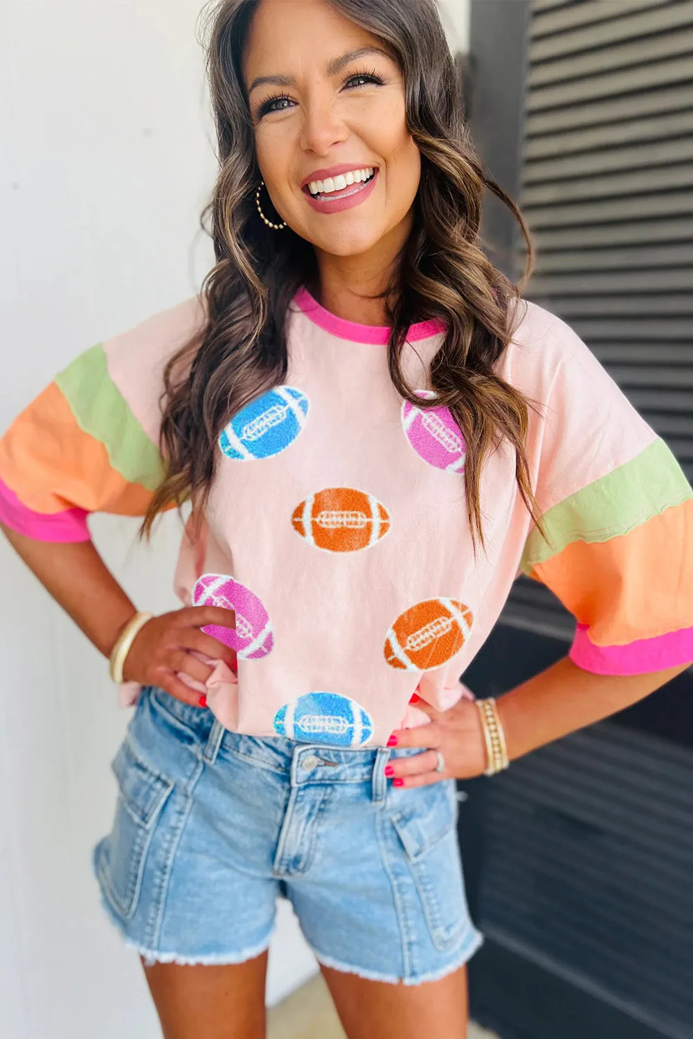 Pink Football Chenille Embroidered Color Block Half Sleeve T Shirt