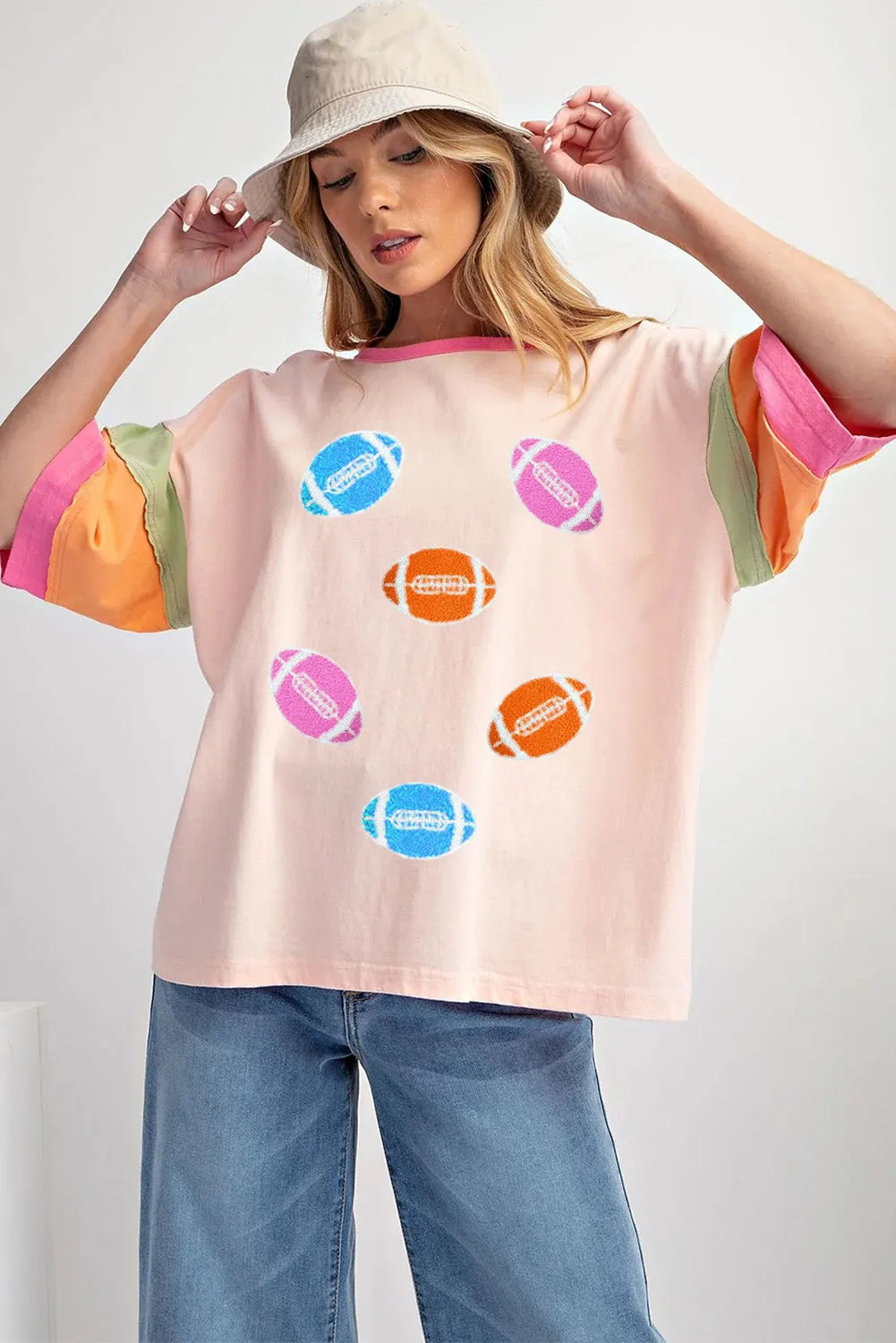 Pink Football Chenille Embroidered Color Block Half Sleeve T Shirt